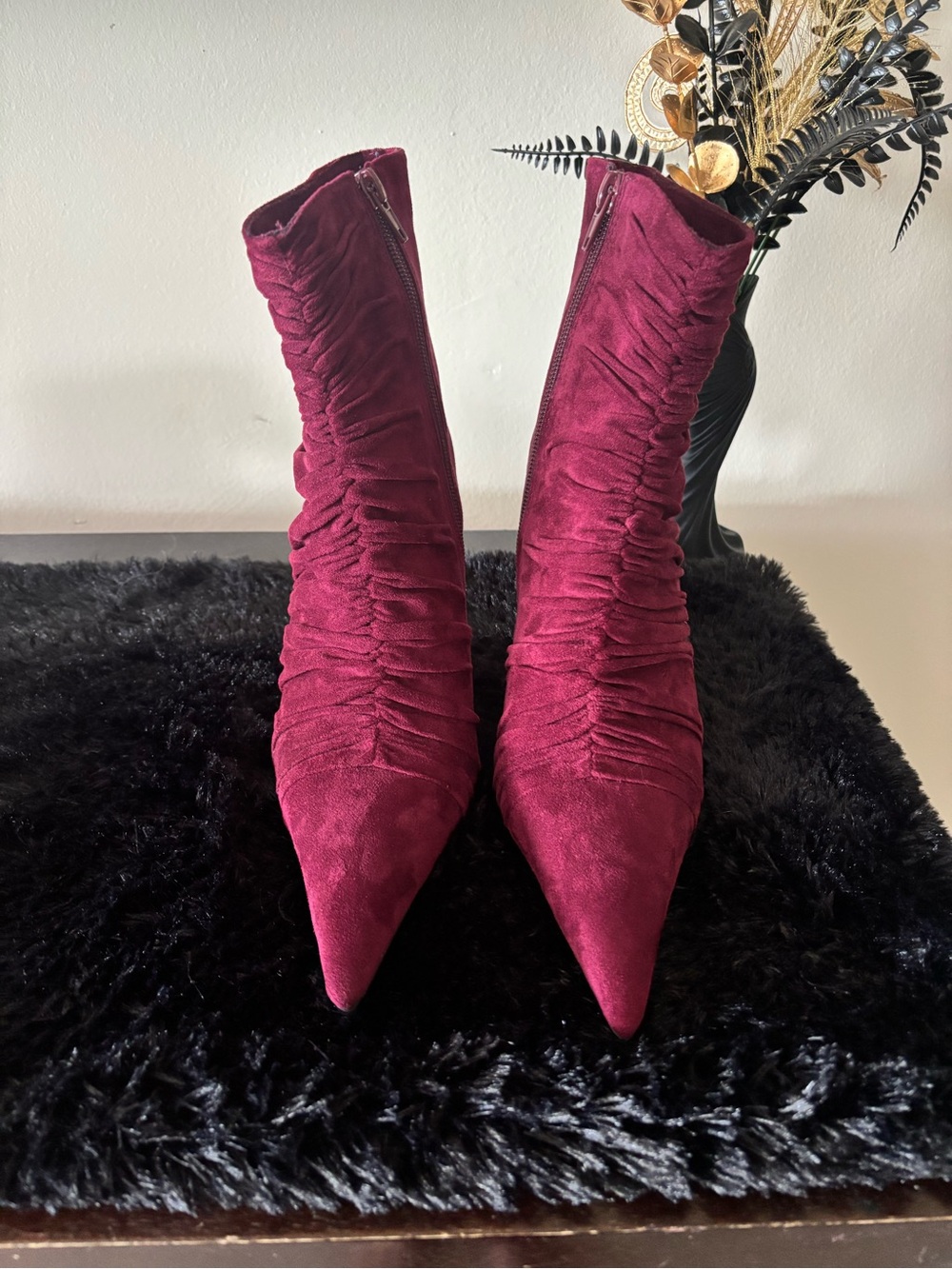 Jeffrey Campbell Let’s-Go Women’s Burgundy Ruched Pointed-Toe Ankle Boots